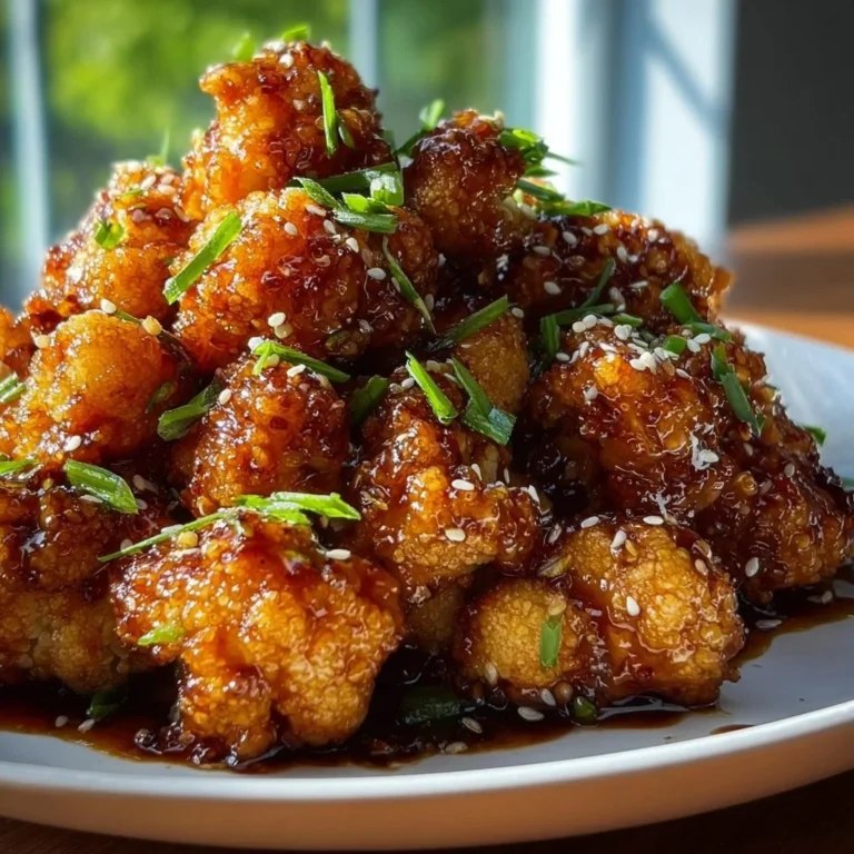 Plate of sticky honey garlic cauliflower garnished with green onions.