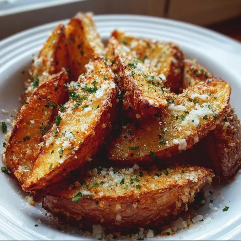 Baked garlic parmesan potato wedges served in a bowl, garnished with herbs.