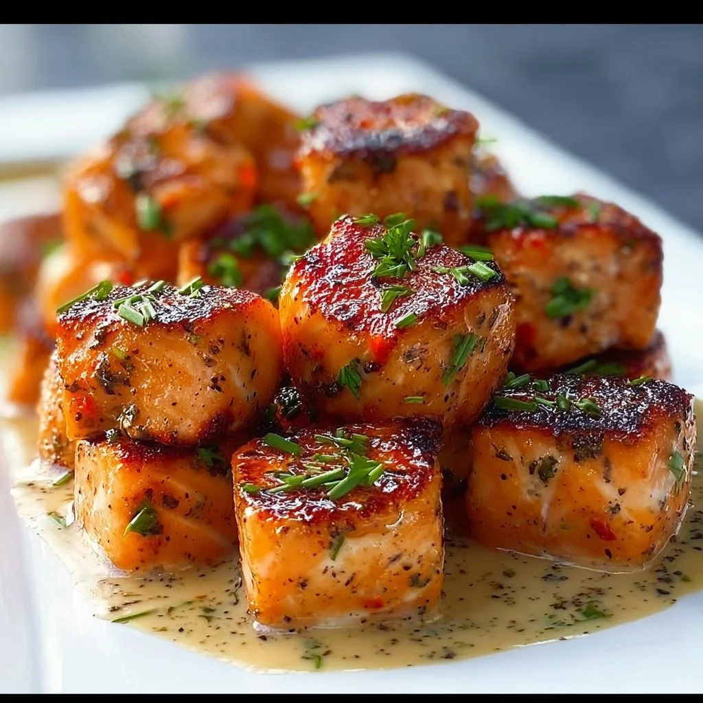 Bang Bang Salmon Bites on a white plate with garnishes