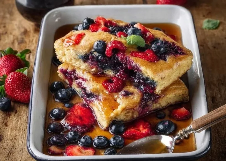 Delicious Berry Sheet Pan Pancakes fresh out of the oven with mixed berries.