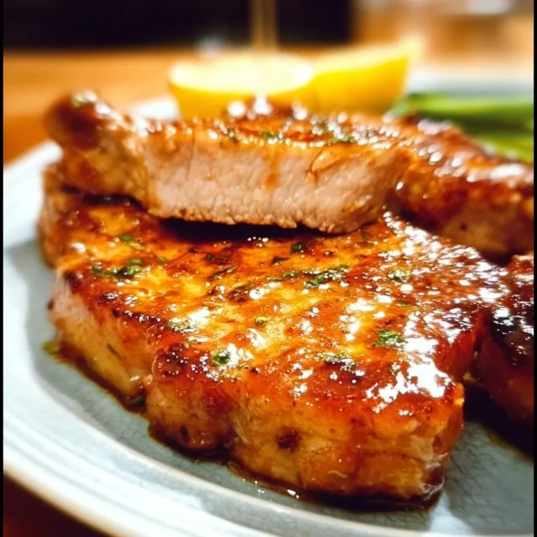 Boneless pork chops with honey garlic sauce served on a plate