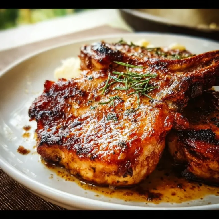 Juicy brown sugar pork chops garnished with herbs, served on a white plate