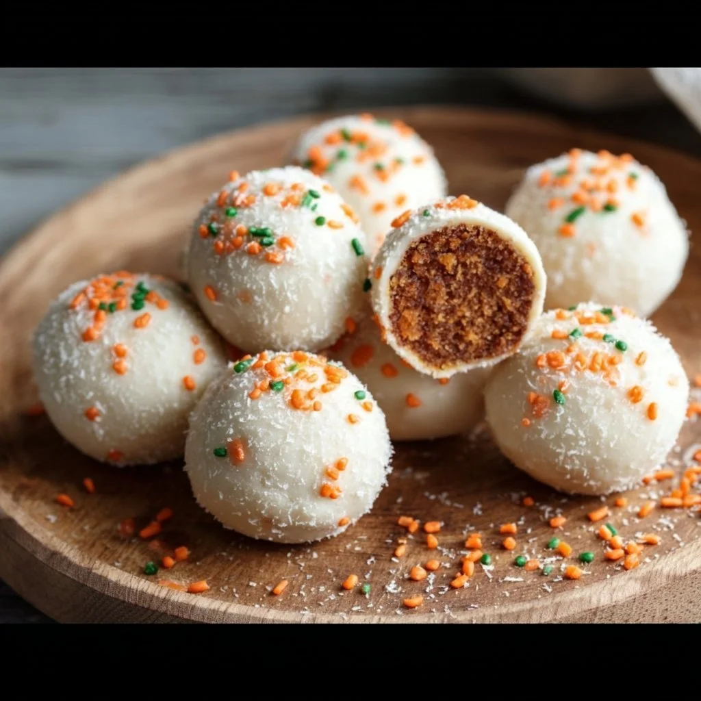 Delicious homemade carrot cake truffles topped with cream cheese frosting