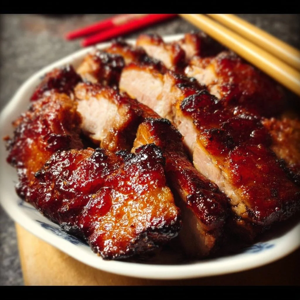 Delicious Chinese BBQ Pork served with rice and vegetables