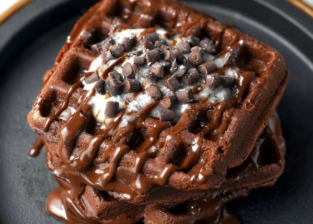 Delicious chocolatey brownie waffles stacked and drizzled with syrup.
