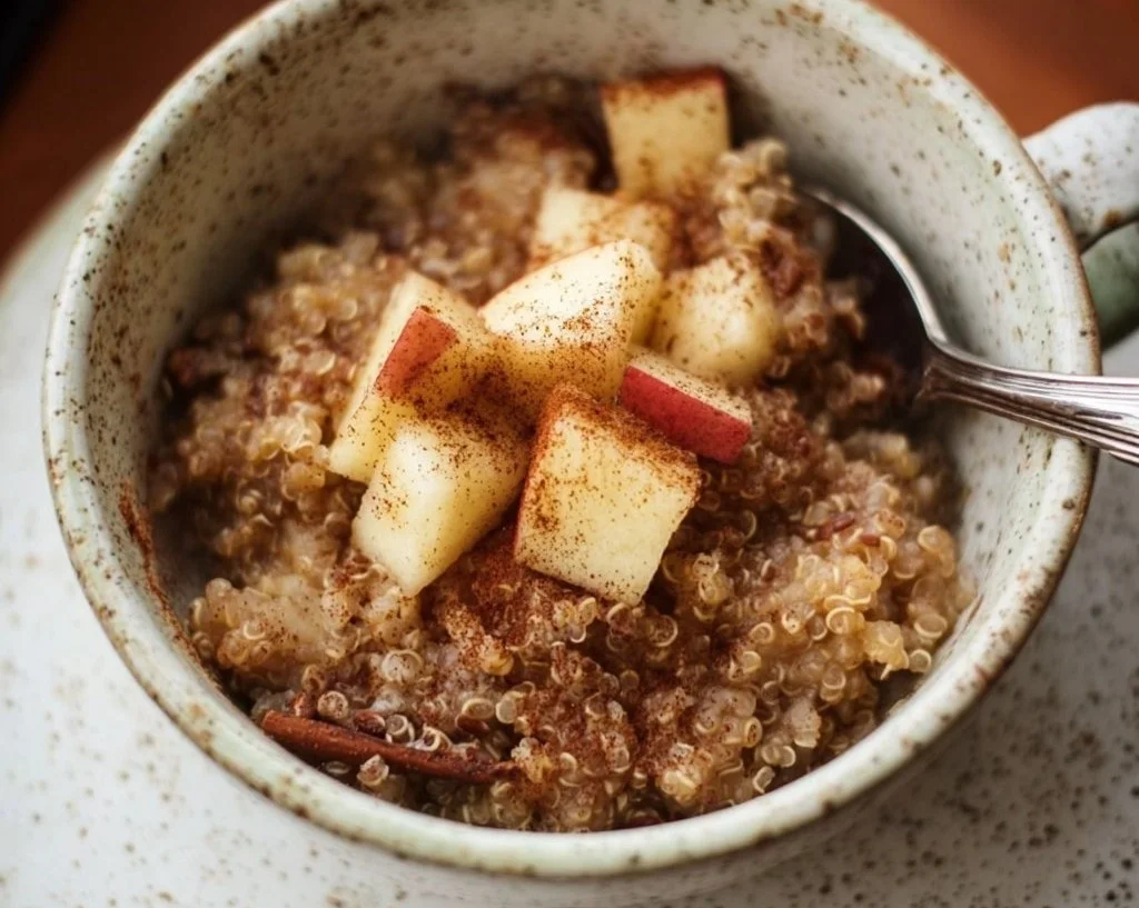 Bowl of Cinnamon Apple Breakfast Quinoa topped with fresh apples and cinnamon