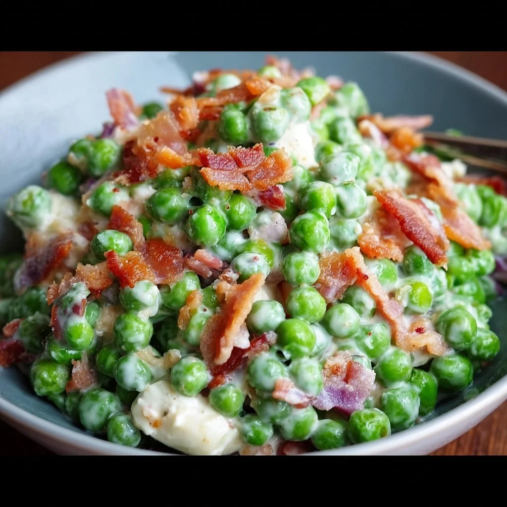 Classic pea salad with bacon served in a bowl, highlighting vibrant green peas.