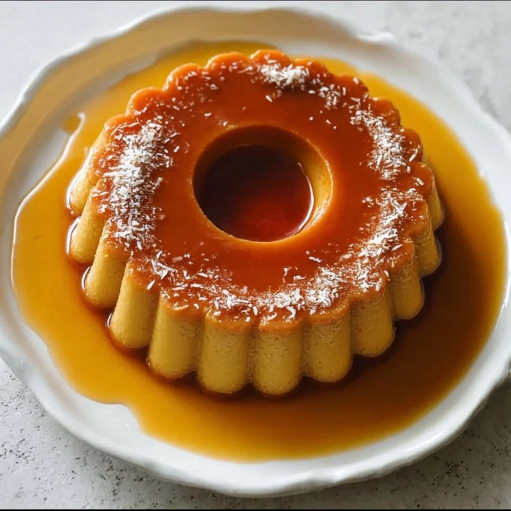 Delicious Coconut Caramel Flan topped with rich caramel and coconut shavings