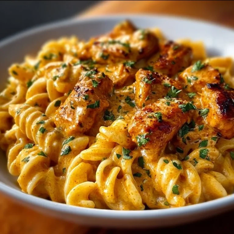 A bowl of Cowboy Butter Chicken Pasta garnished with herbs and spices.