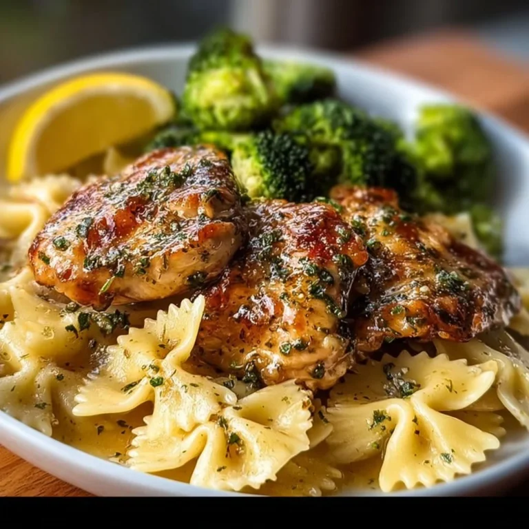 Delicious Cowboy Butter Lemon Bowtie Chicken served with broccoli.