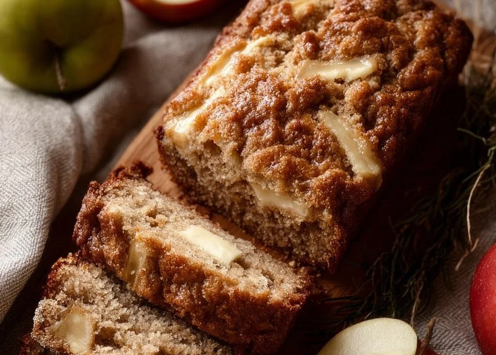 Cozy gluten-free cinnamon apple bread loaf with slices on a wooden table
