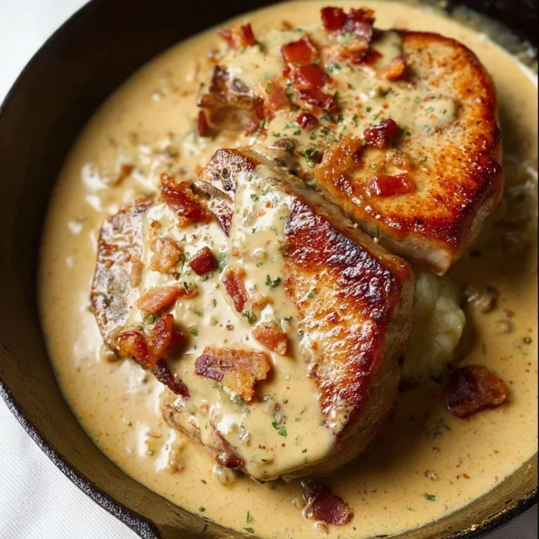 Creamy bacon pork chops served on a plate with vegetables and sauce.