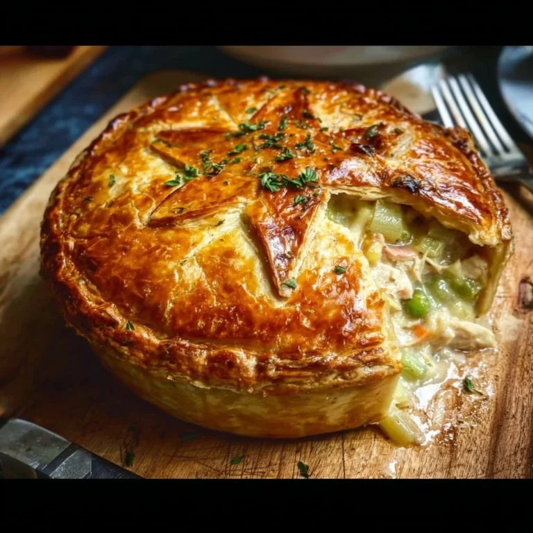 Creamy chicken, leek, and thyme pie ready to serve, showcasing a golden crust and rich filling.