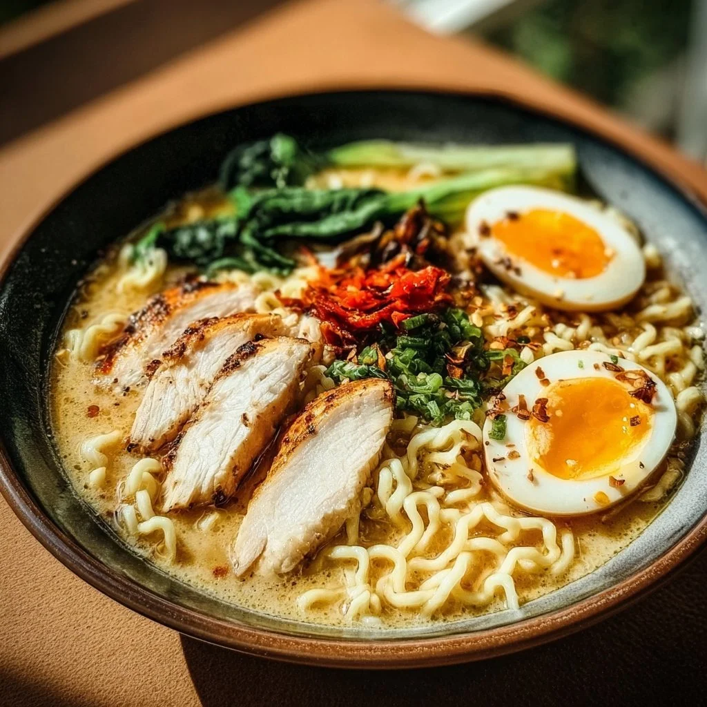 Delicious creamy garlic chicken ramen in a bowl garnished with green onions