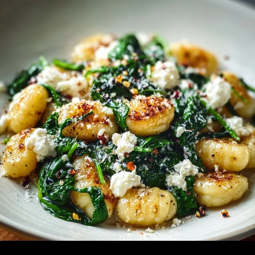 Creamy gnocchi with spinach and feta served in a bowl