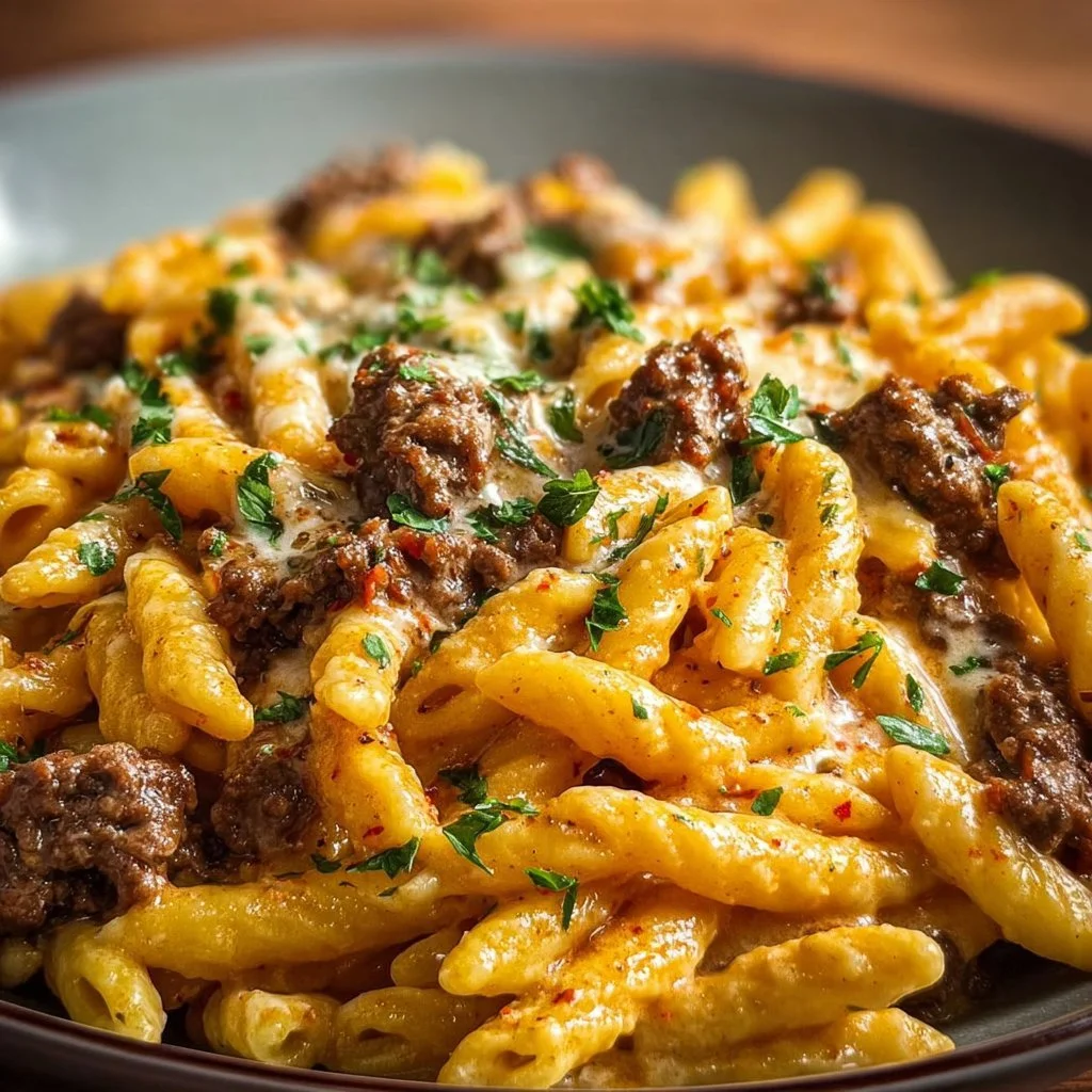 Creamy high protein beef pasta dish served in a bowl