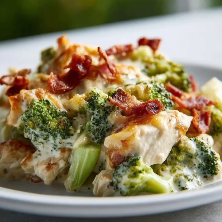 Creamy low carb chicken casserole topped with broccoli and crispy bacon