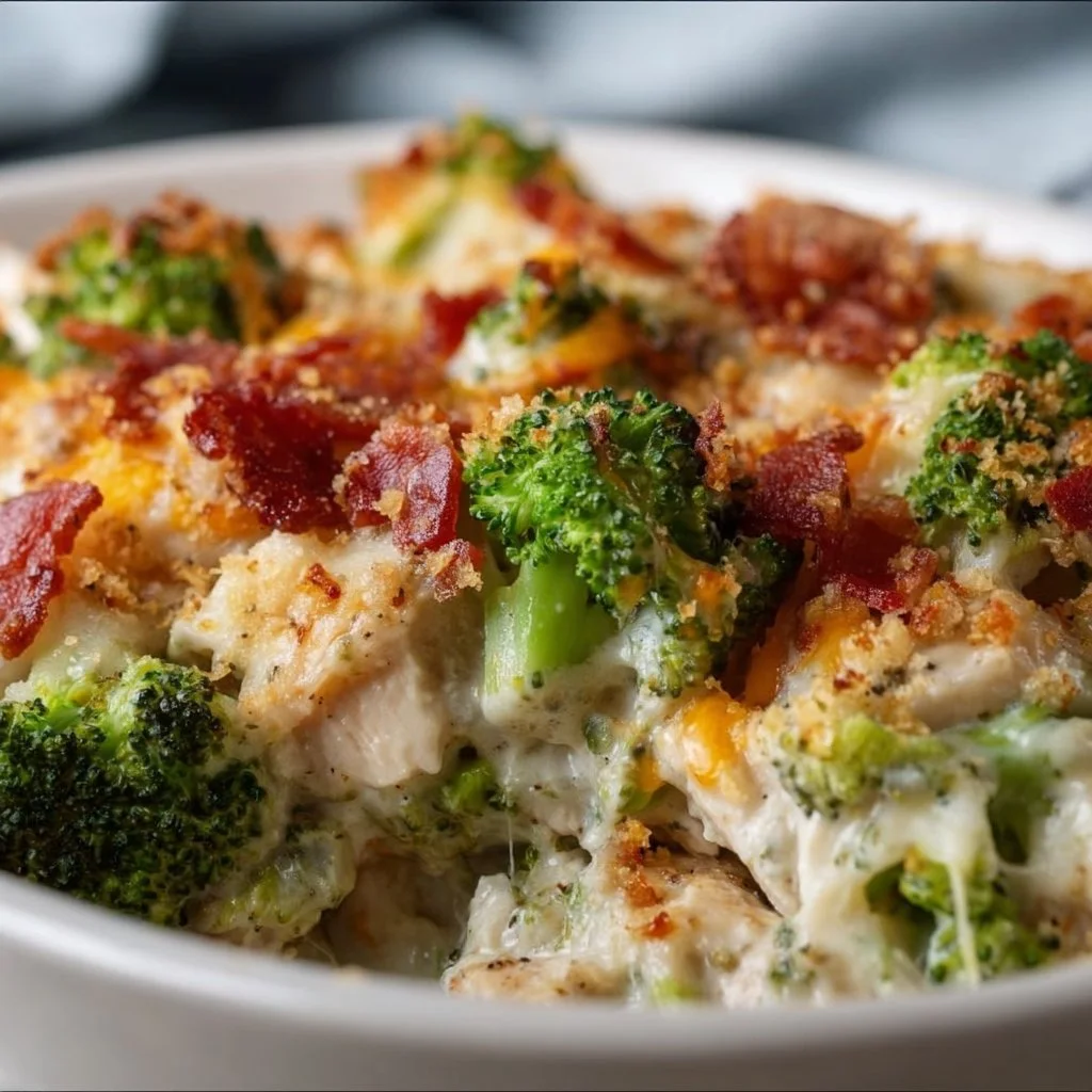 Creamy Low Carb Chicken Casserole with Broccoli and Bacon
