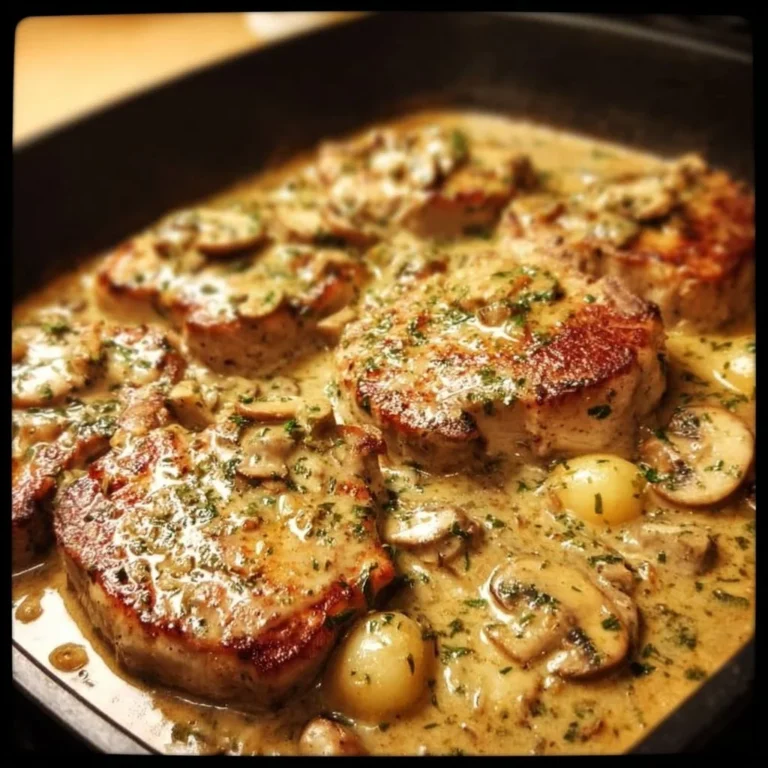 Creamy mushroom pork chops served on a plate with herbs and a side of vegetables.