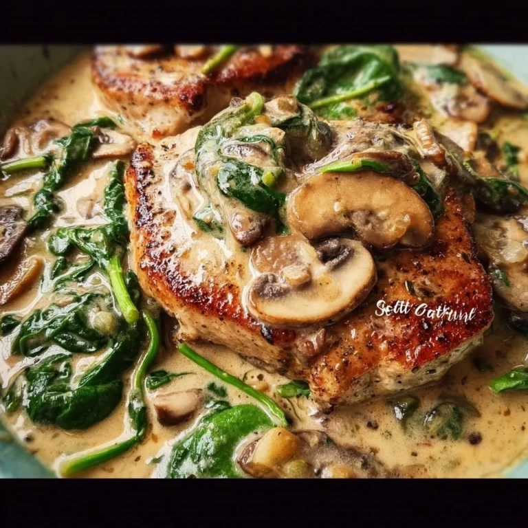 Creamy spinach mushroom pork chops served on a plate with herbs.