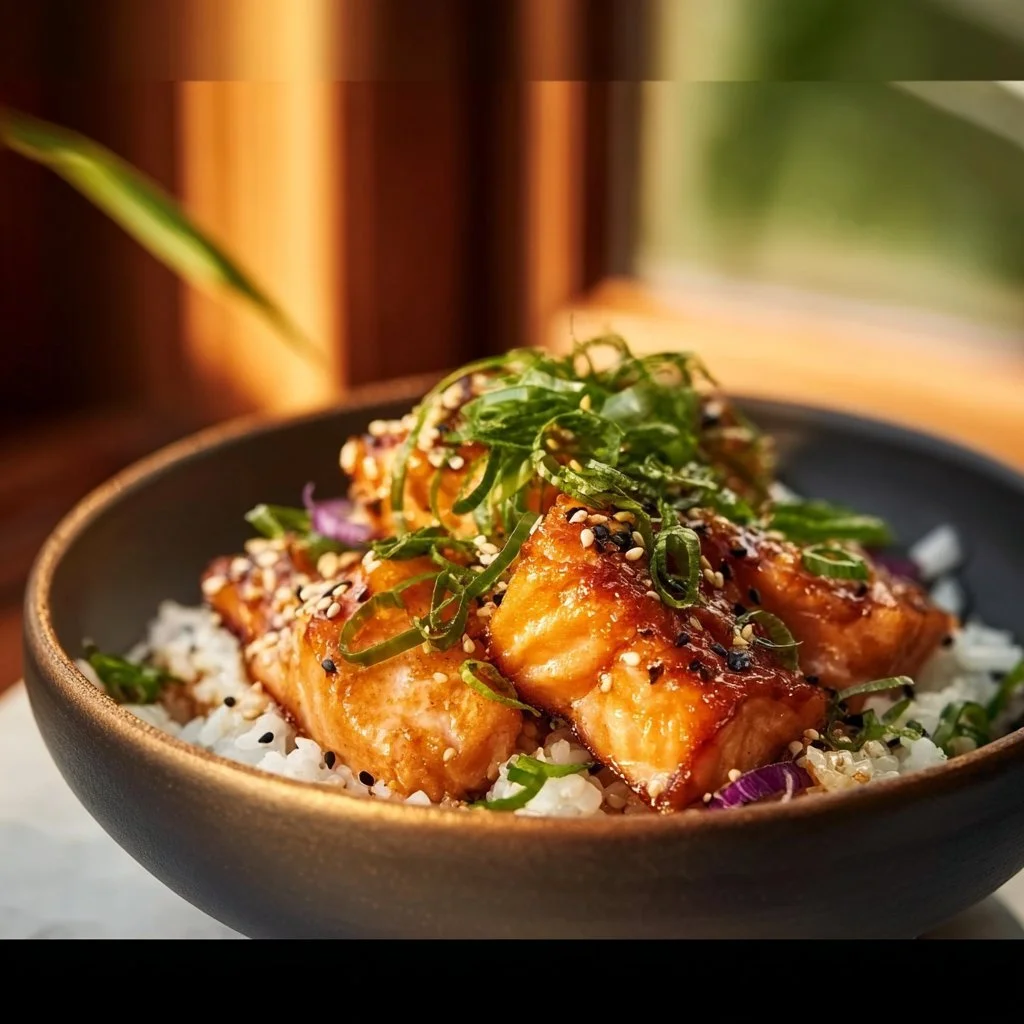 Crispy salmon and rice bowl topped with fresh vegetables and sauce.