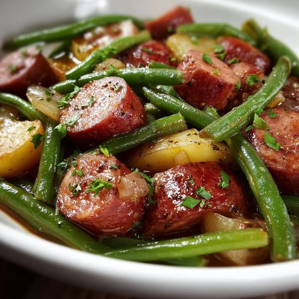 Crockpot sausage and green beans dish served in a bowl with spices
