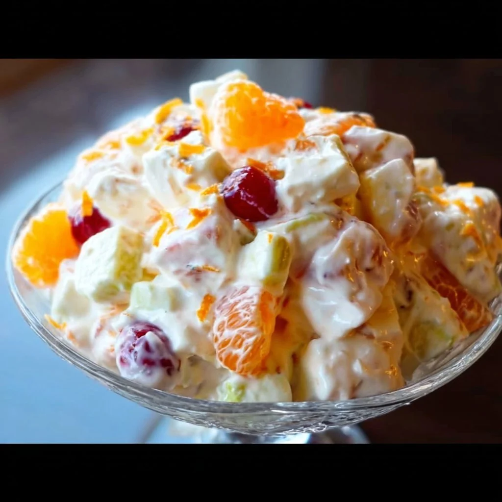 Colorful Easter Ambrosia Salad with fruits and marshmallows served in a bowl.