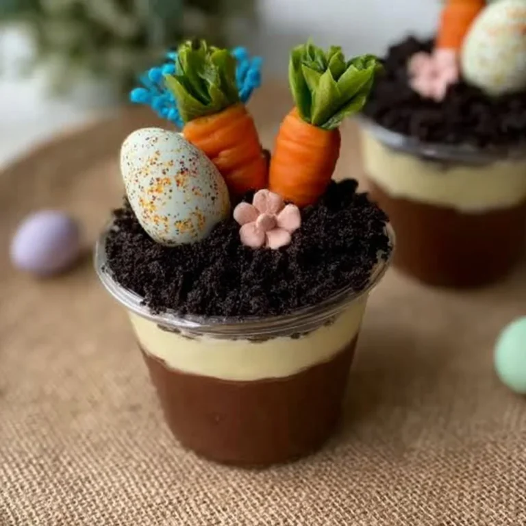 Easter Dirt Cups dessert with chocolate pudding, crushed Oreos, and candy decorations.