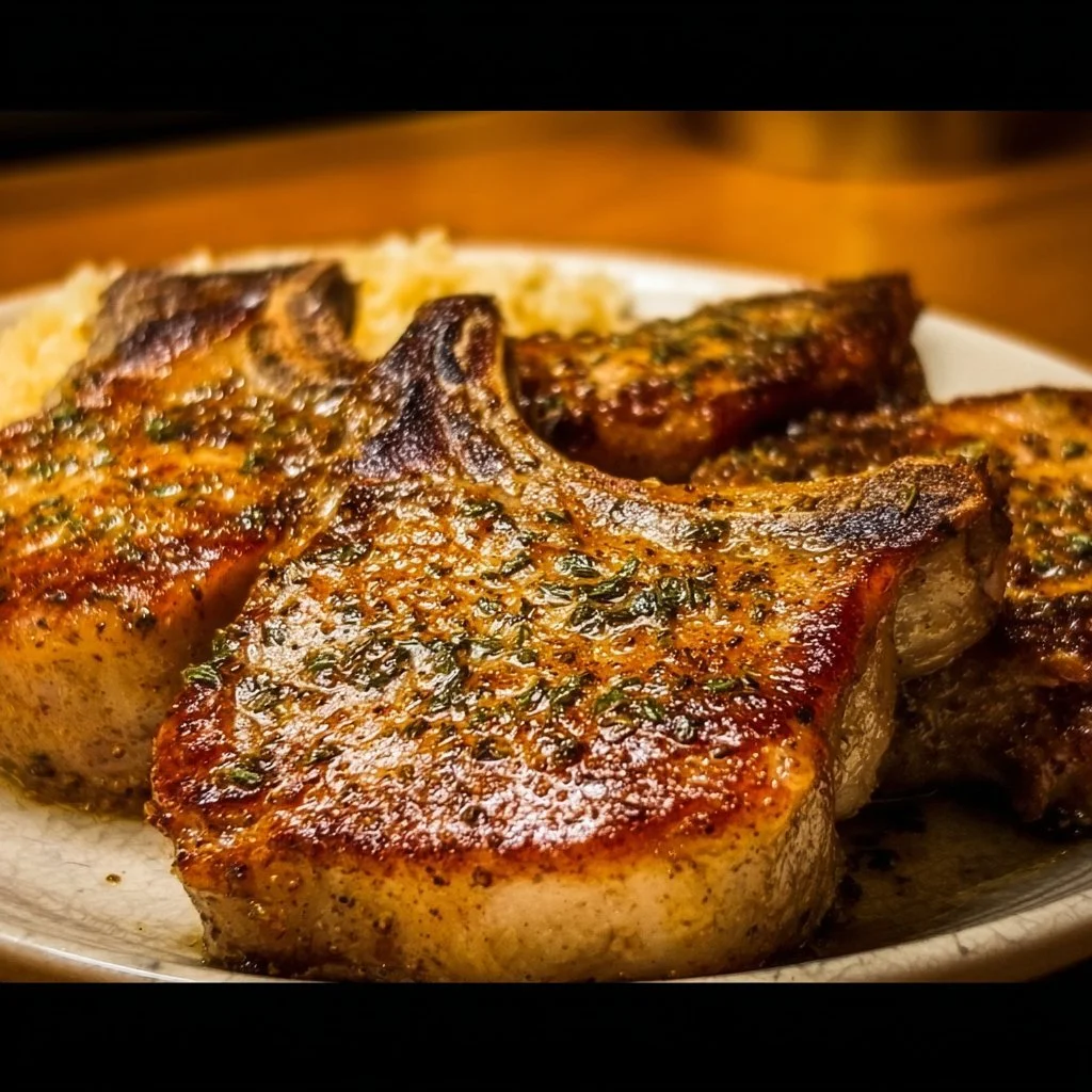 Delicious easy baked pork chops on a plate garnished with herbs.