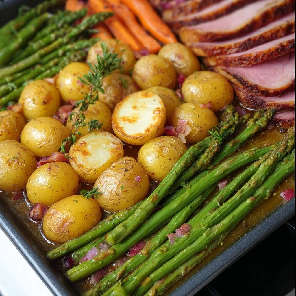 Easy Easter dinner on a sheet pan with colorful vegetables and a glazed ham.