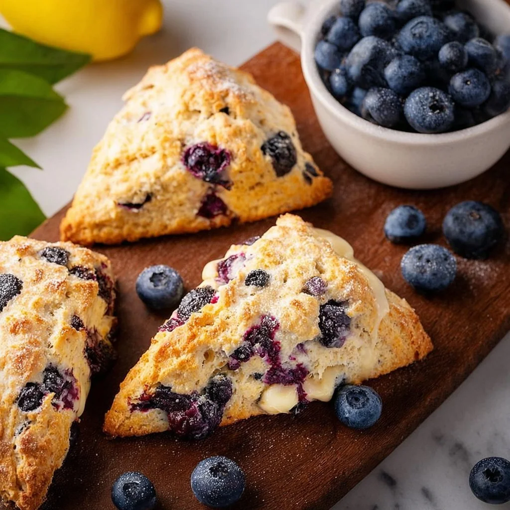 Freshly baked gluten-free blueberry scones on a wooden table