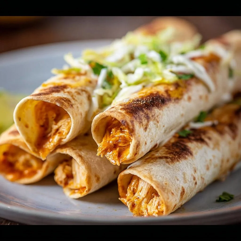 Plate of easy gluten-free chicken taquitos garnished with fresh cilantro and lime