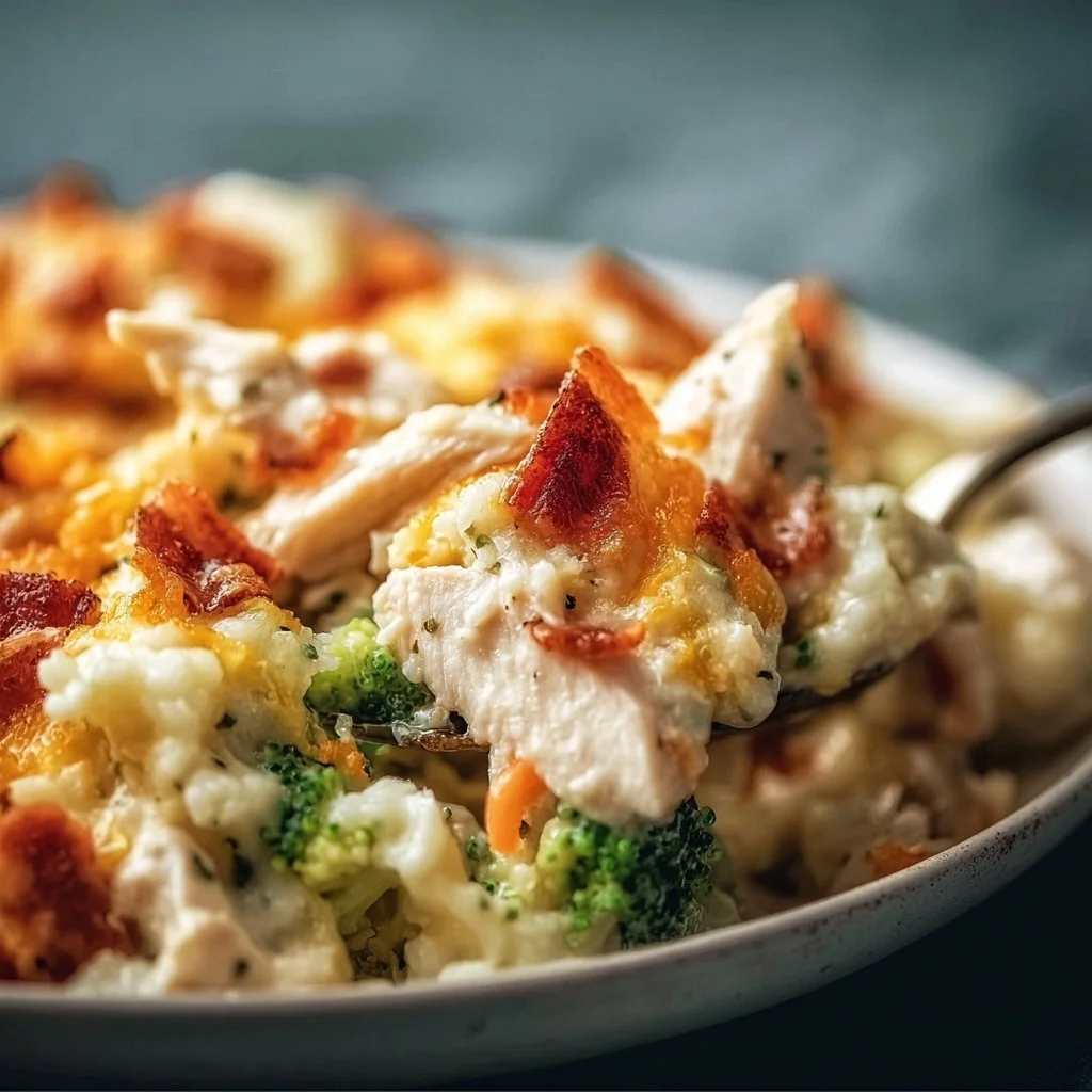 Delicious easy low carb chicken casserole served in a baking dish