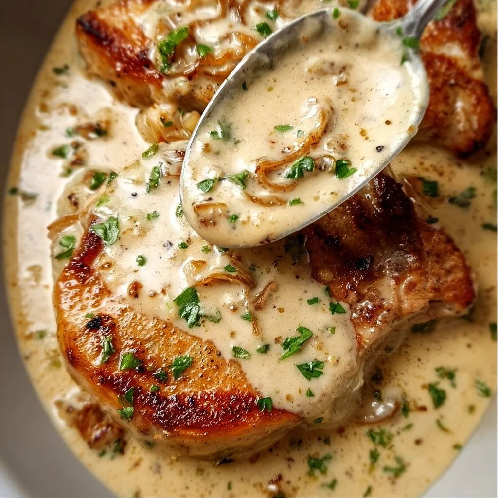 Delicious easy pork chops served with creamy sauce on a plate