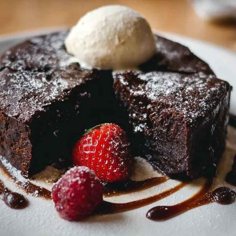 Decadent flourless chocolate cake topped with chocolate ganache and berries