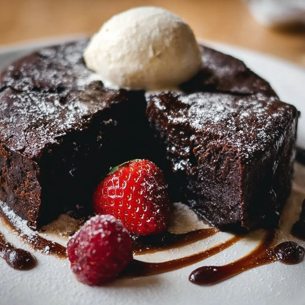 Decadent flourless chocolate cake topped with chocolate ganache and berries