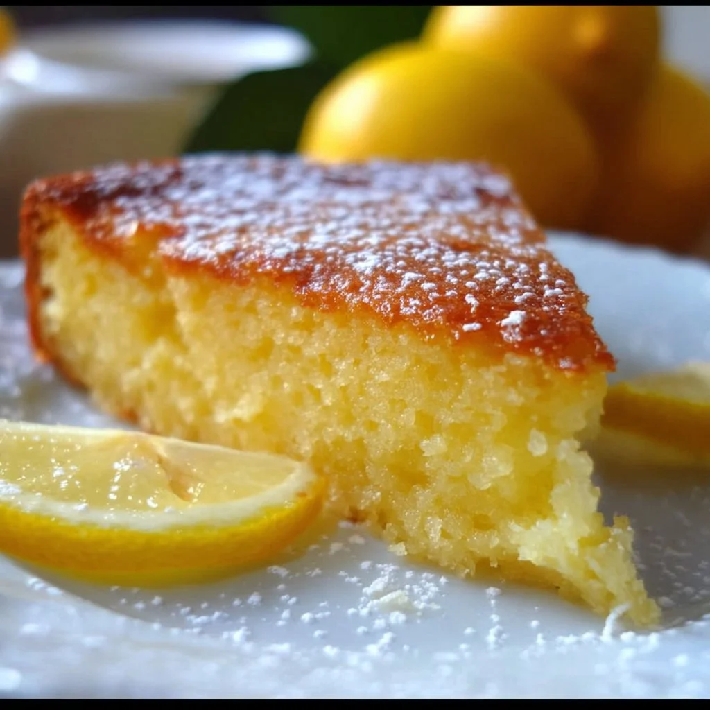 Flourless lemon Greek yogurt cake served on a white plate with fresh lemon slices.