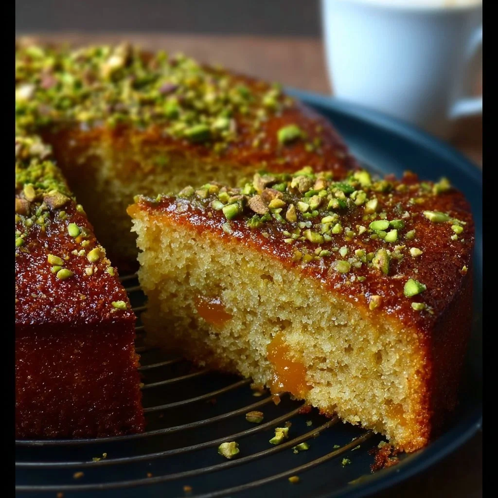 Flourless orange, pistachio, and almond cake served on a plate with fresh fruits.