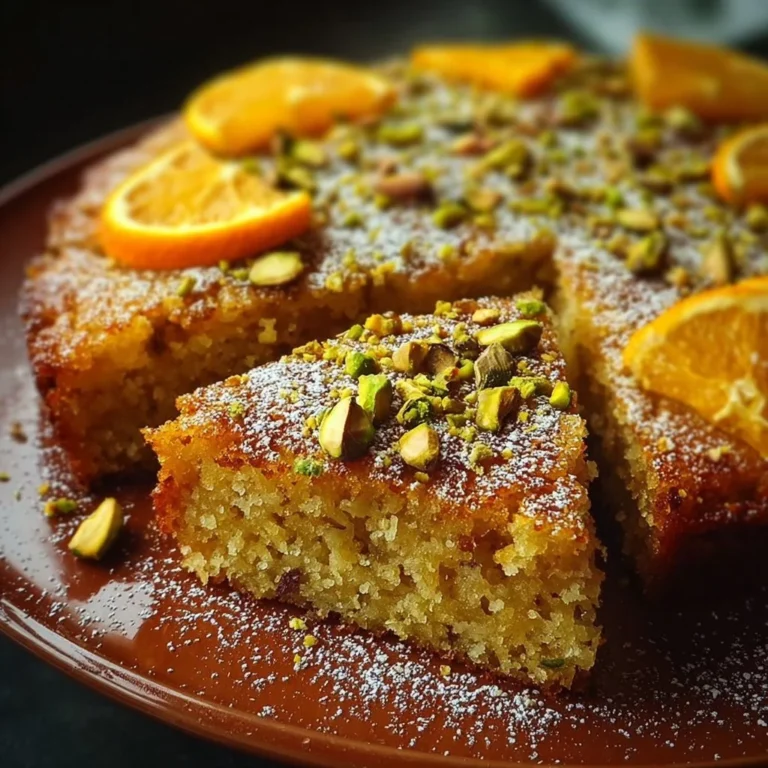 Flourless orange, pistachio, and almond cake served on a rustic wooden table.
