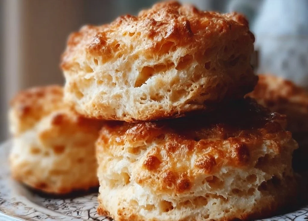 Fluffy gluten-free biscuits on a white plate with a side of butter.