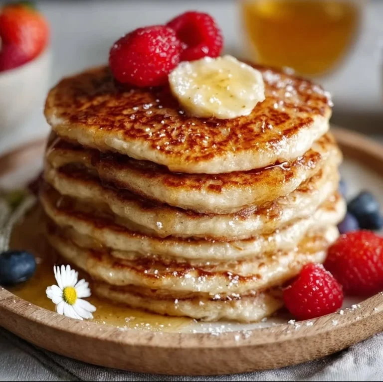 Fluffy gluten-free sourdough pancakes stacked on a plate with syrup