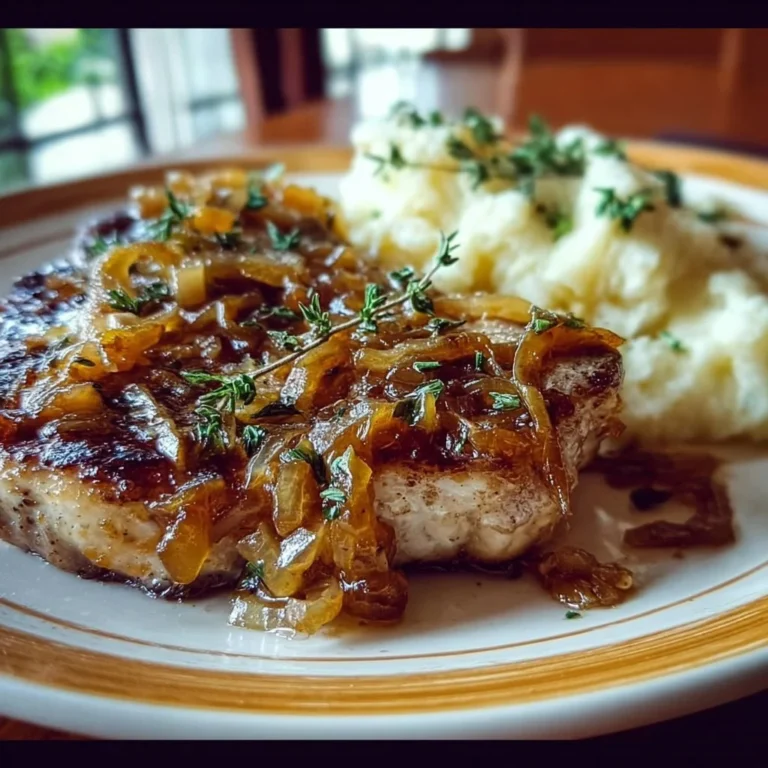 Delicious French onion pork chops served with caramelized onions and cheese