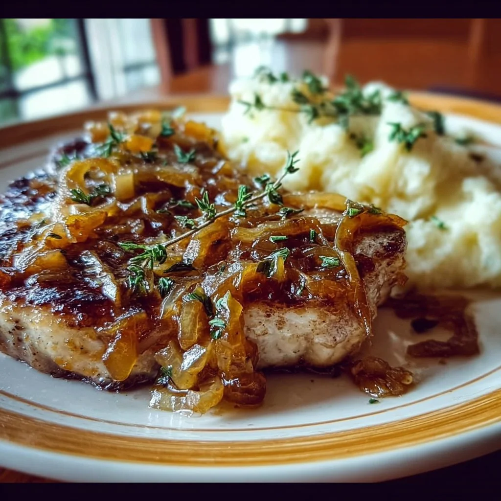 Delicious French onion pork chops served with caramelized onions and cheese