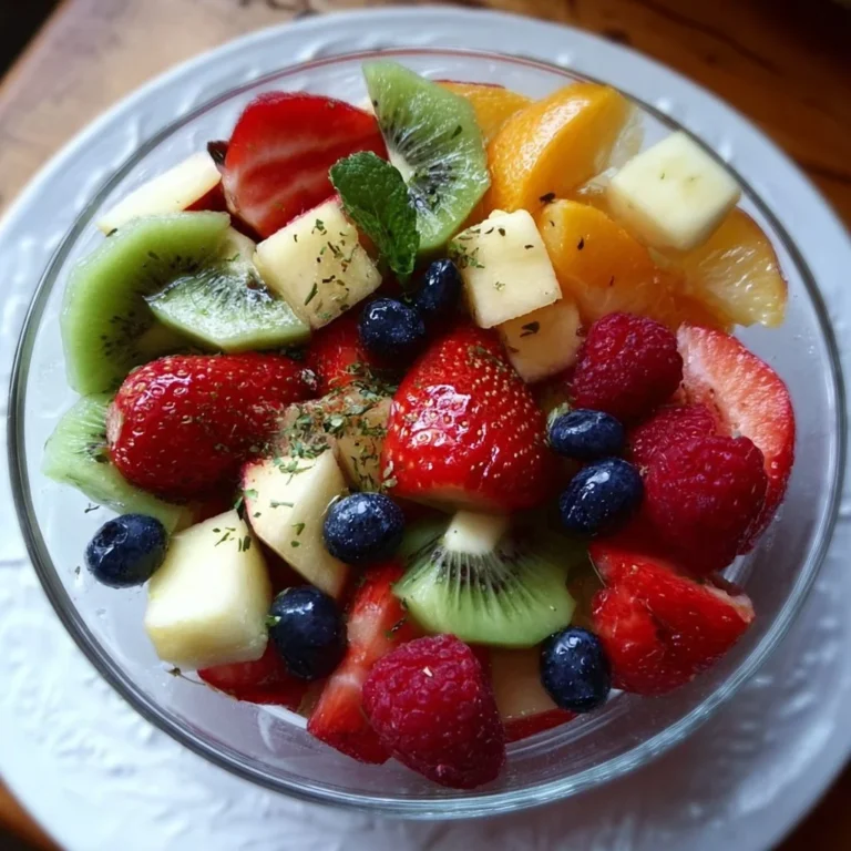 Colorful fruit salad topped with honey lime dressing