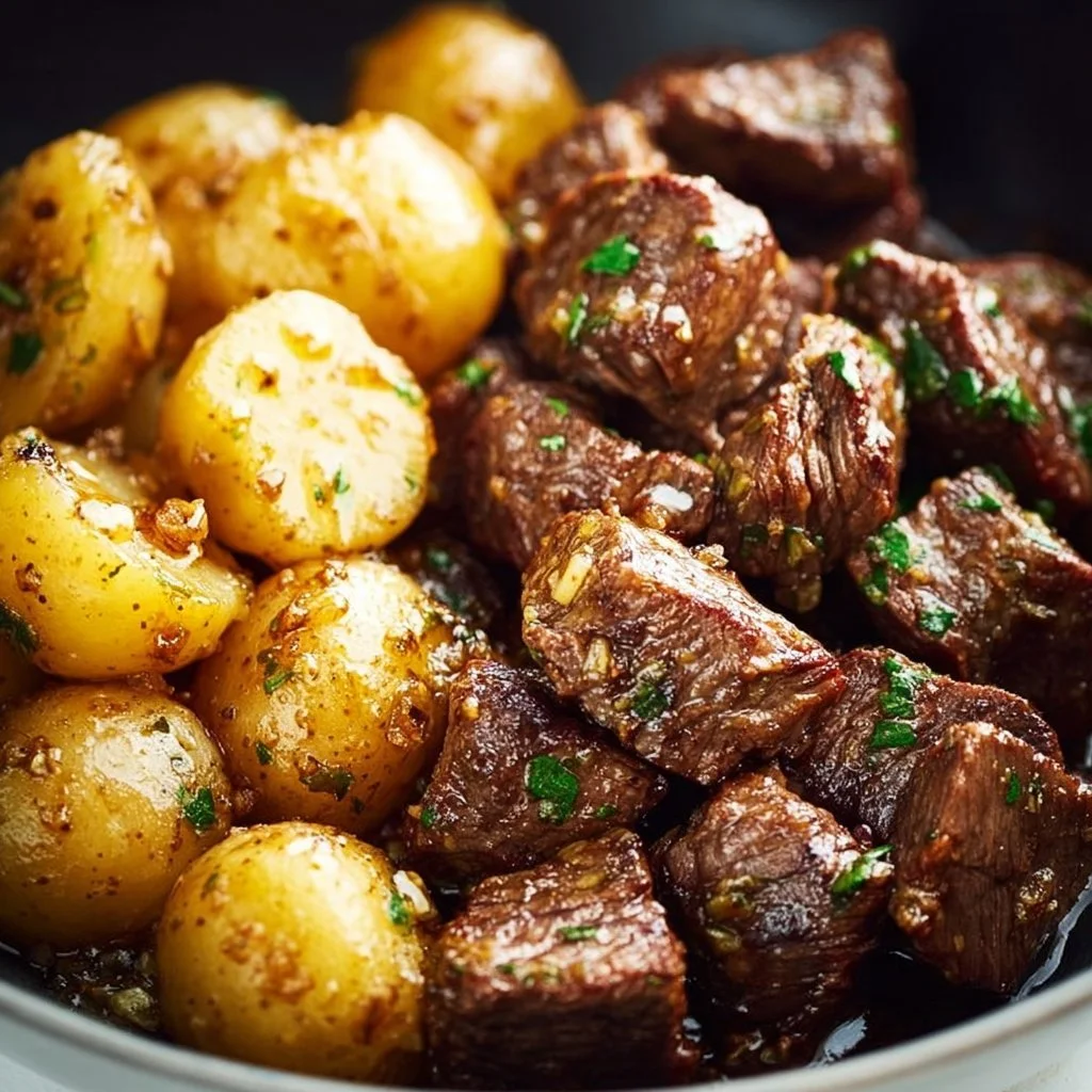 Delicious Garlic Butter Beef Bites served with golden roasted potatoes