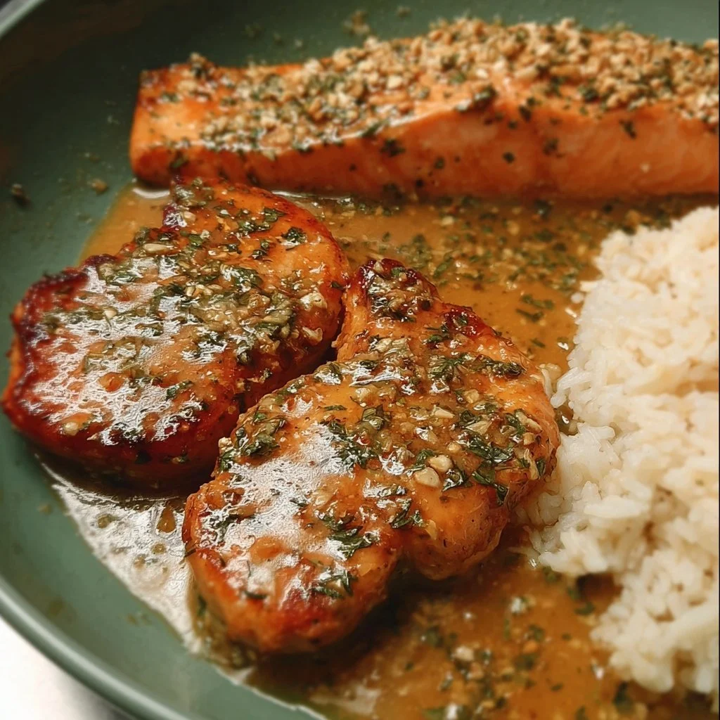 Delicious Garlic Butter Chicken and Salmon plated elegantly for a gourmet meal.