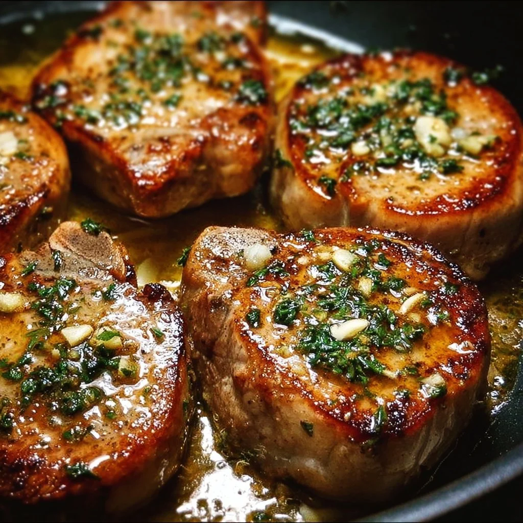Garlic butter pan-seared pork chops sizzling in a skillet