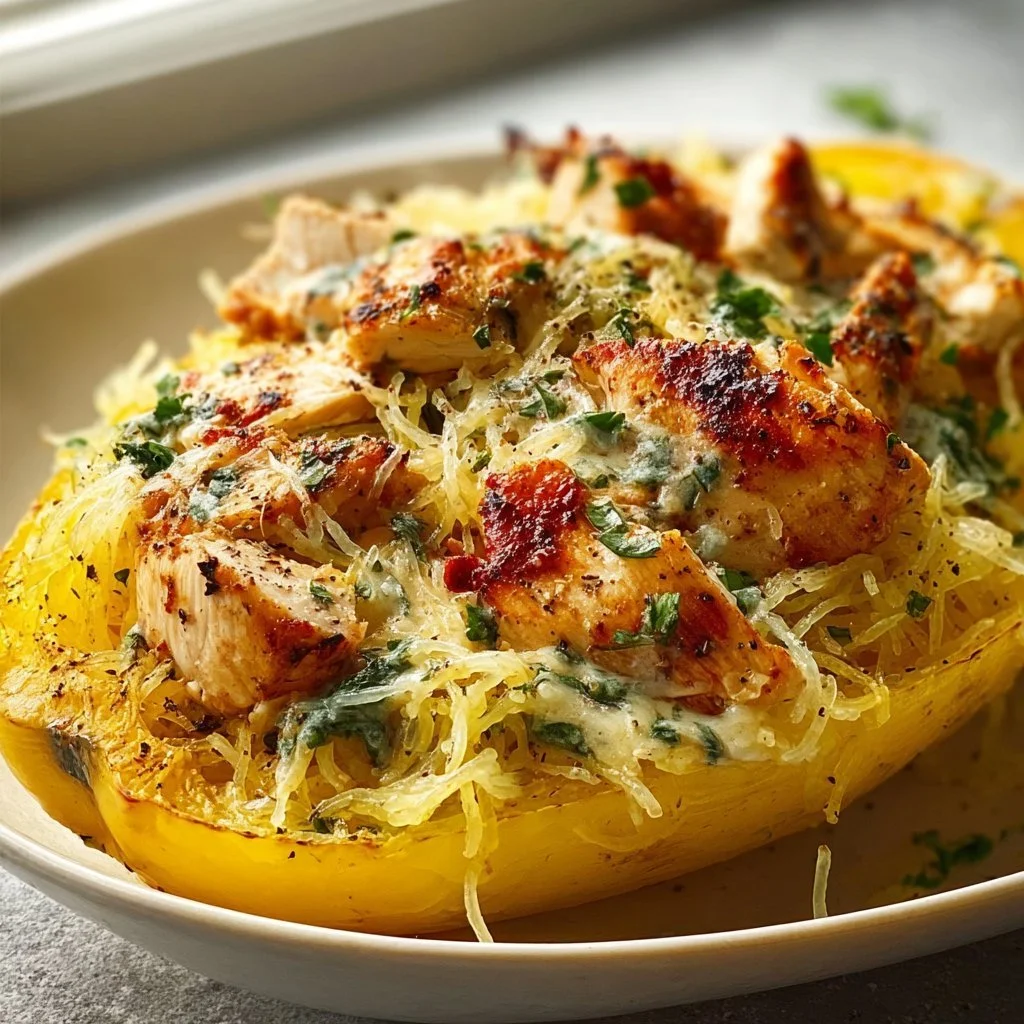 Delicious Garlic Chicken Spaghetti Squash served in a bowl
