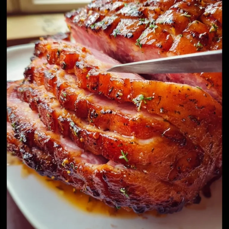 Delicious glazed baked ham with a shiny, sweet glaze ready for serving