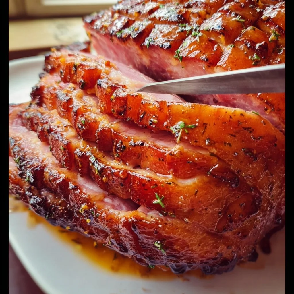 Delicious glazed baked ham with a shiny, sweet glaze ready for serving